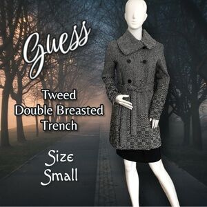 Guess LA VTG Black/White Lined Tweed Belted Winter Trench Coat Size Small
